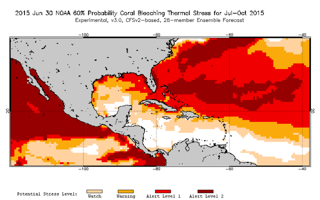 2015 Jun 30 NOAA 60% Probability Coral Bleaching Thermal Stress for Jul-Oct 2015