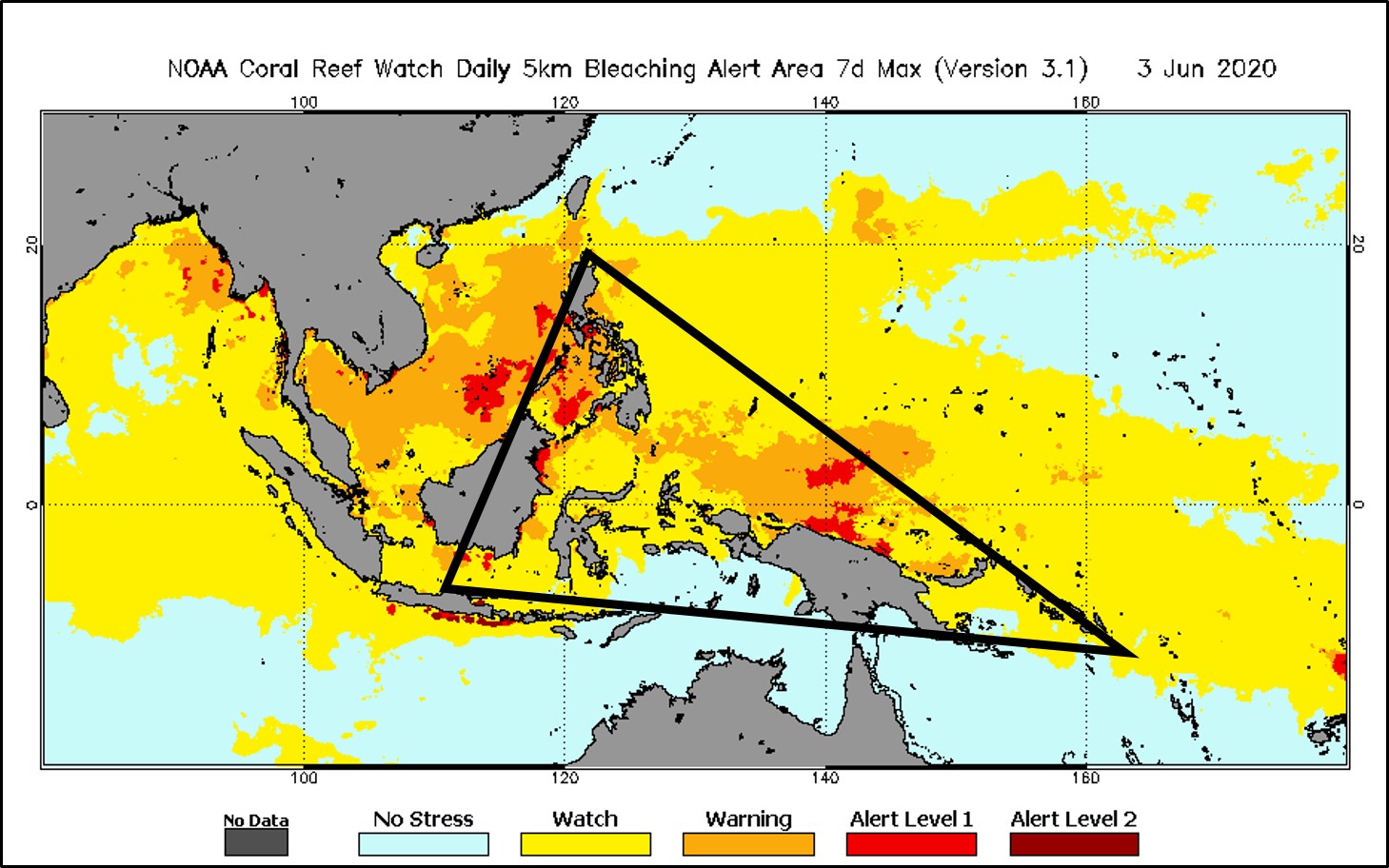Coral Reef Watch bleaching alert on April 30, 2020 for the Coral Triangle, with the area outlined.