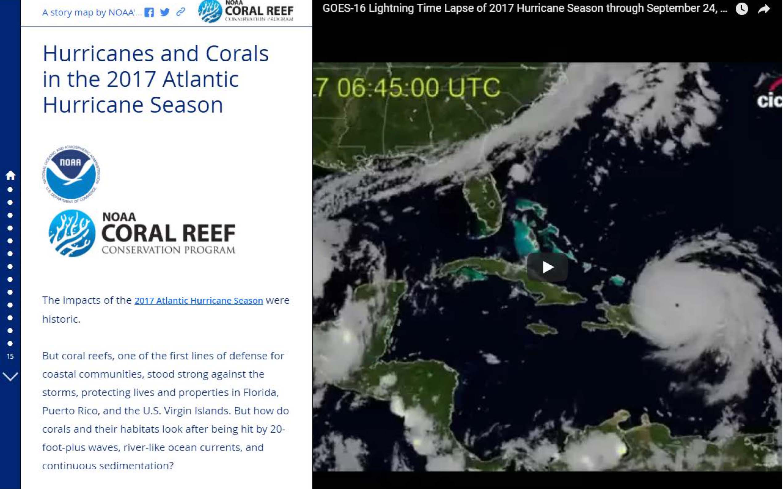 screen shot of the story map for ARCGIS application of damage to coral reef area from the 2017 hurricane season