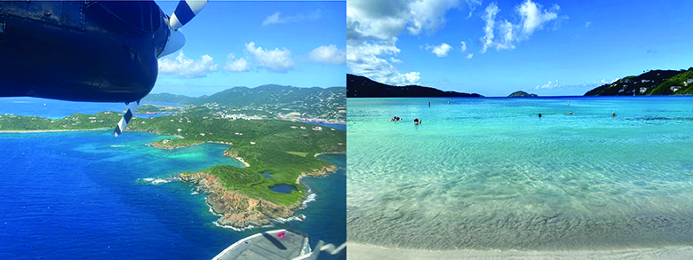 Left, aerial view of blue water and a green tropical island dotted with buildings, with a plane propeller in frame. Right, view from the shore of a clear blue bay lined by green hills, with people swimming.