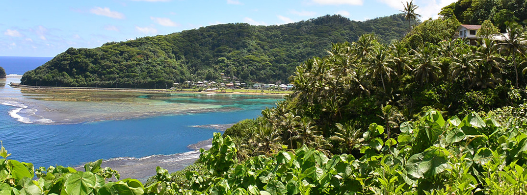 View of beach and vegetation surrounding it with green hills in the background.