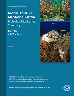Blue page with the words National Coral Reef Monitoring Program Biological Monitoring Summary Florida 2020-2021 on it.