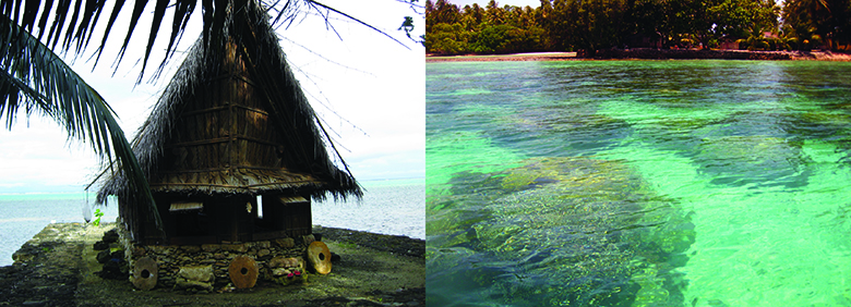 (Left) a traditional round hut with thatched roof sitting on a stone base jutting out over a tropical ocean. (Right) shallow clear water with coral reefs in foreground and land and a small building in the background.