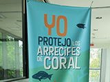 A colorful banner that says “I protect coral reefs” in Spanish sits outside a meeting room.